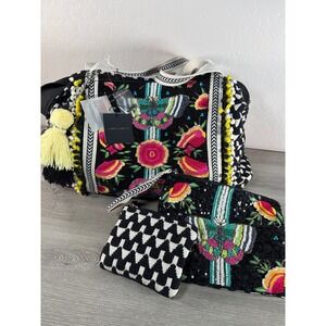 America & Beyond Beaded Butterfly Weekender Bag Set 3pc Black White Floral NWT